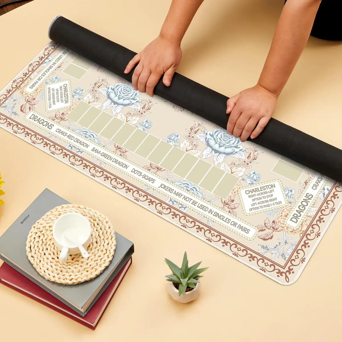 party greeting Chinoiserie Mahjong Mat 31.5 x 31.5 in | Noise-Reducing, Anti Slip, Elegant Beige - view 4