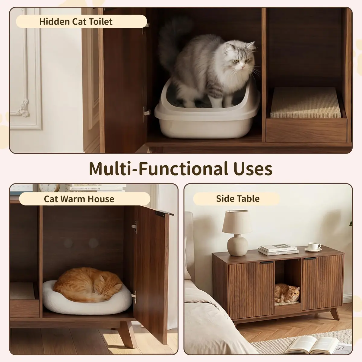 Seang Double Cat Litter Box Enclosure 47" Walnut | Multi-Functional Cat Furniture with Odor Control - view 6