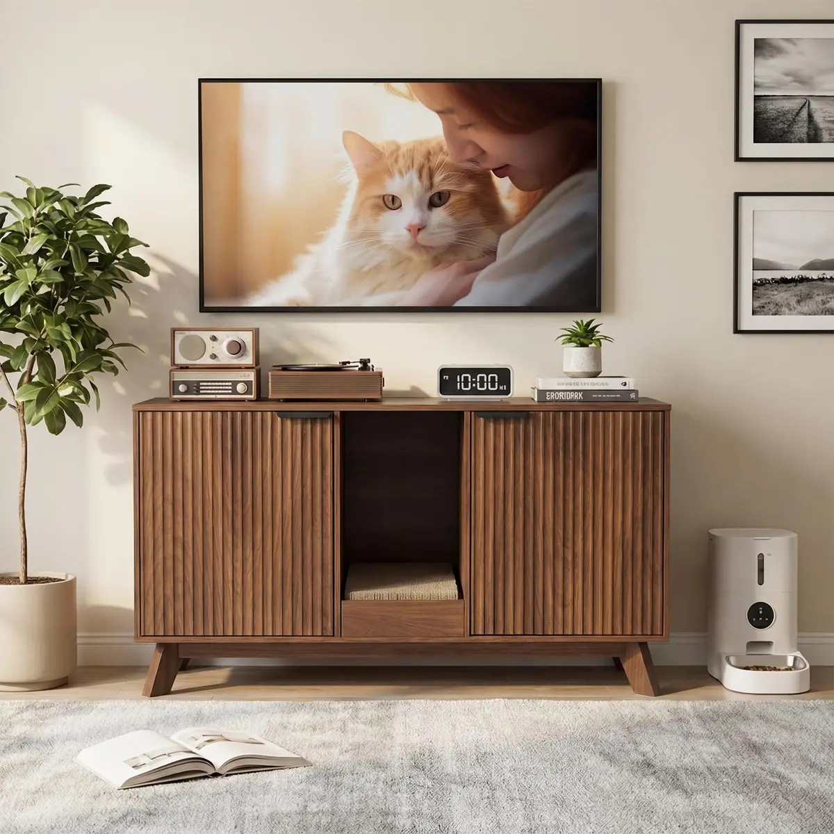 Seang Double Cat Litter Box Enclosure 47" Walnut | Multi-Functional Cat Furniture with Odor Control - view 7