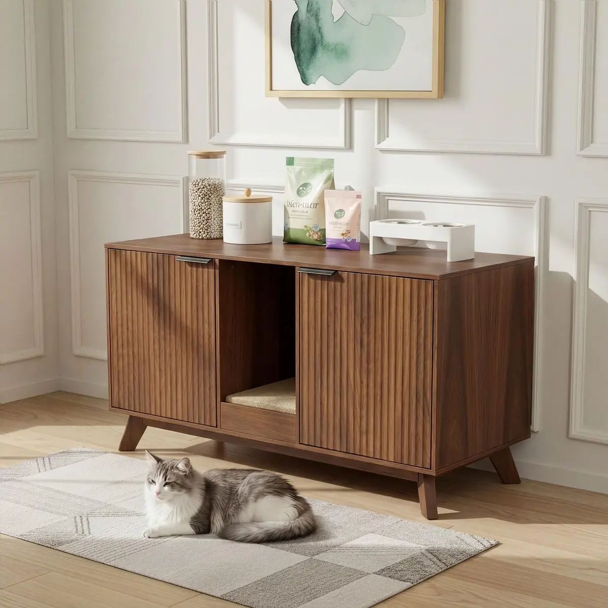 Seang Double Cat Litter Box Enclosure 47" Walnut | Multi-Functional Cat Furniture with Odor Control - view 8