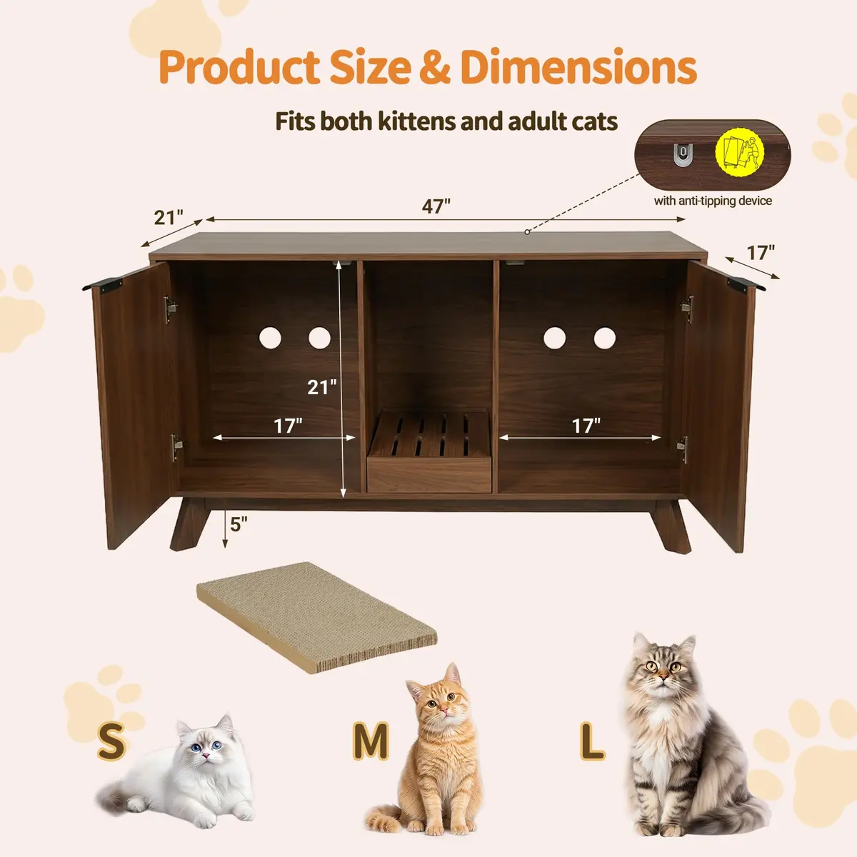 Seang Double Cat Litter Box Enclosure 47" Walnut | Multi-Functional Cat Furniture with Odor Control - view 2