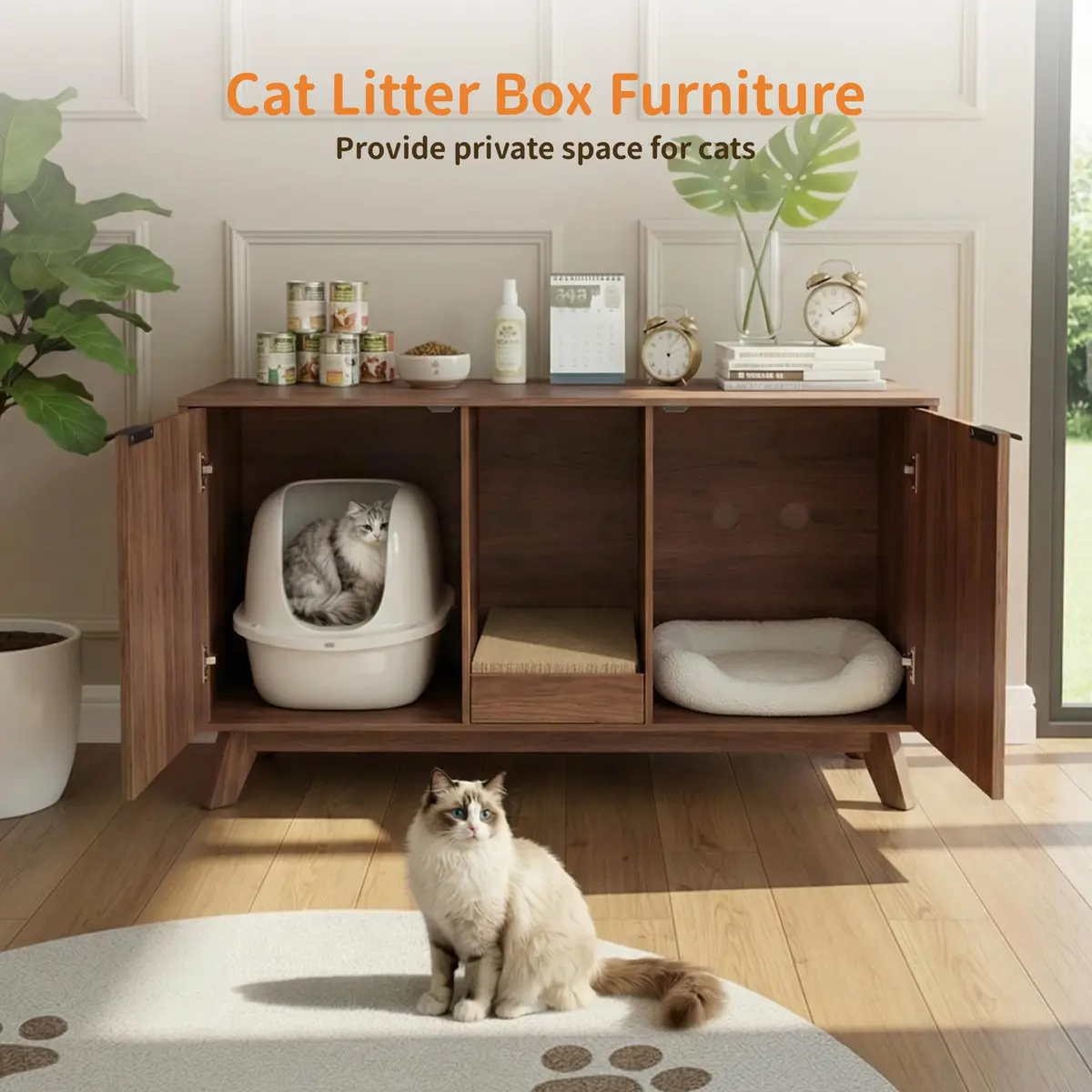 Seang Double Cat Litter Box Enclosure 47" Walnut | Multi-Functional Cat Furniture with Odor Control - view 3