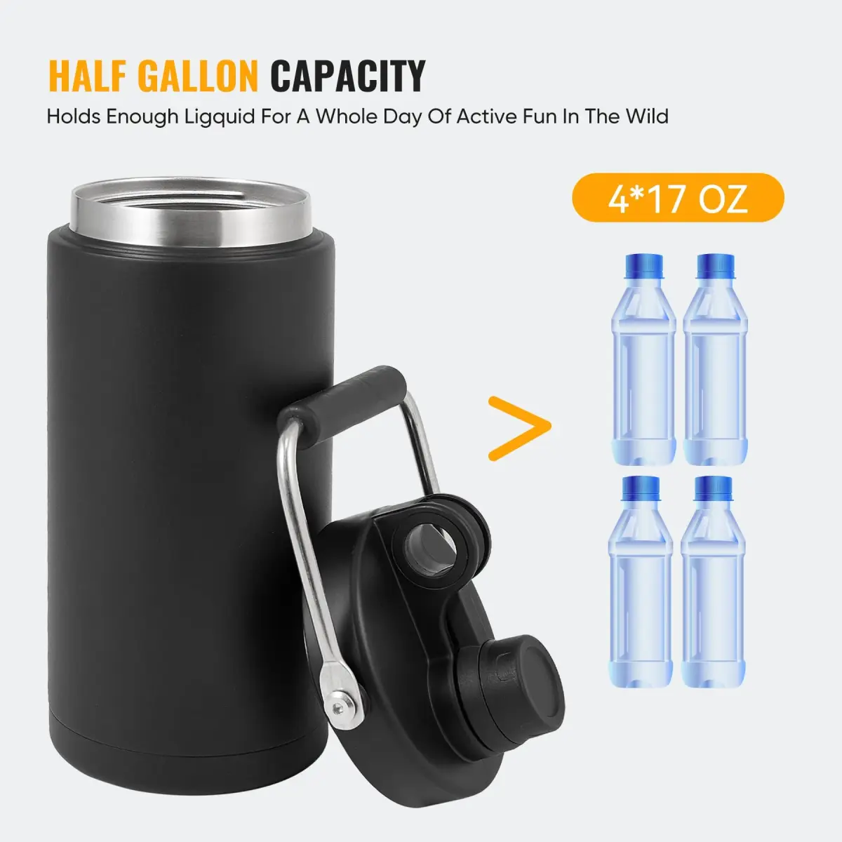 Kerilyn Insulated Half Gallon Jug with Handle, 1893ml (64oz) Stainless Steel Water Bottle | Vacuum Insulated for 48 Hrs Cold, 24 Hrs Hot, Black - view 2