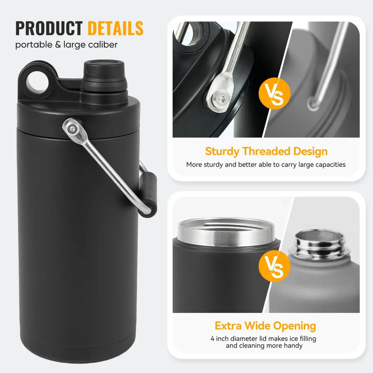 Kerilyn Insulated Half Gallon Jug with Handle, 1893ml (64oz) Stainless Steel Water Bottle | Vacuum Insulated for 48 Hrs Cold, 24 Hrs Hot, Black - view 4