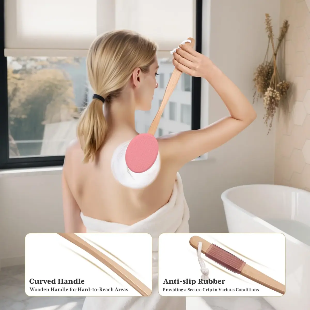 AmazerBath Lotion Applicator with 4 Replacement Pads & 17" Curved Handle | FDA Approved for Back & Feet (Apricot Red) - view 5