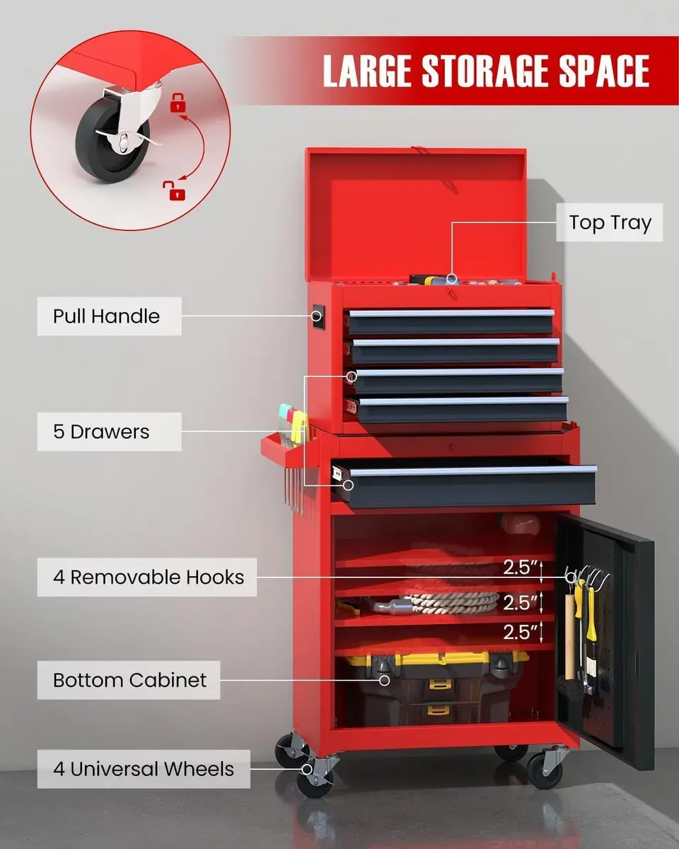 ARNOT 2-in-1 Rolling Tool Chest with 5 Drawers | Heavy-Duty Metal Storage for Garage & Workshop - view 3