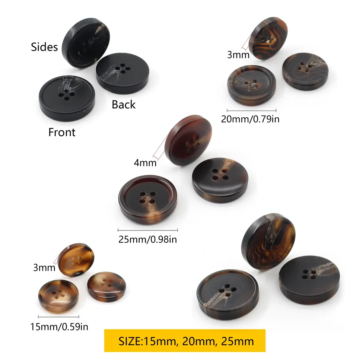 Renashed Faux Buffalo Horn Suit Coat Buttons 15mm, 20mm, 25mm (Dark Brown Series) | 120 Pcs - view 2