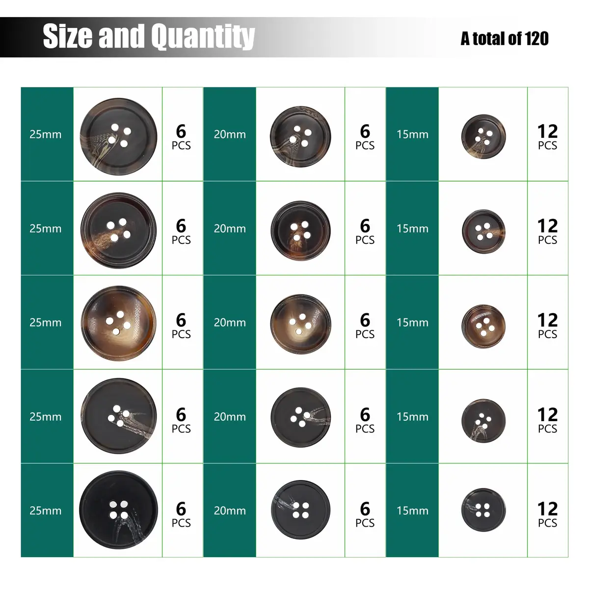 Renashed Faux Buffalo Horn Suit Coat Buttons 15mm, 20mm, 25mm (Dark Brown Series) | 120 Pcs - view 3