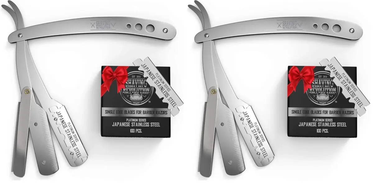 SHAVING REVOLUTION Straight Edge Barber Razor for Men - Professional Straight Blade Razor Kit with 100 Single Edge Blades (Pack of 2) - main product image