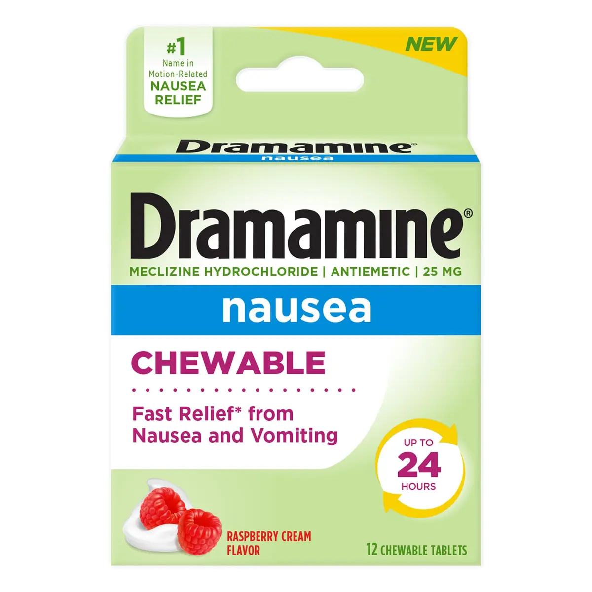 Dramamine Nausea Relief Chewable Raspberry Cream 12 Count | Fast 24-Hour Motion Sickness Support - main product image