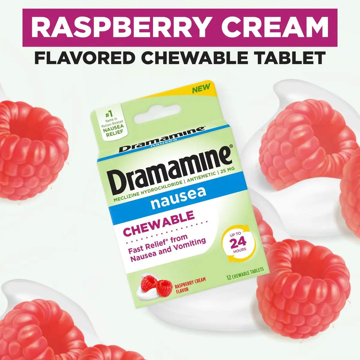 Dramamine Nausea Relief Chewable Raspberry Cream 12 Count | Fast 24-Hour Motion Sickness Support - view 5