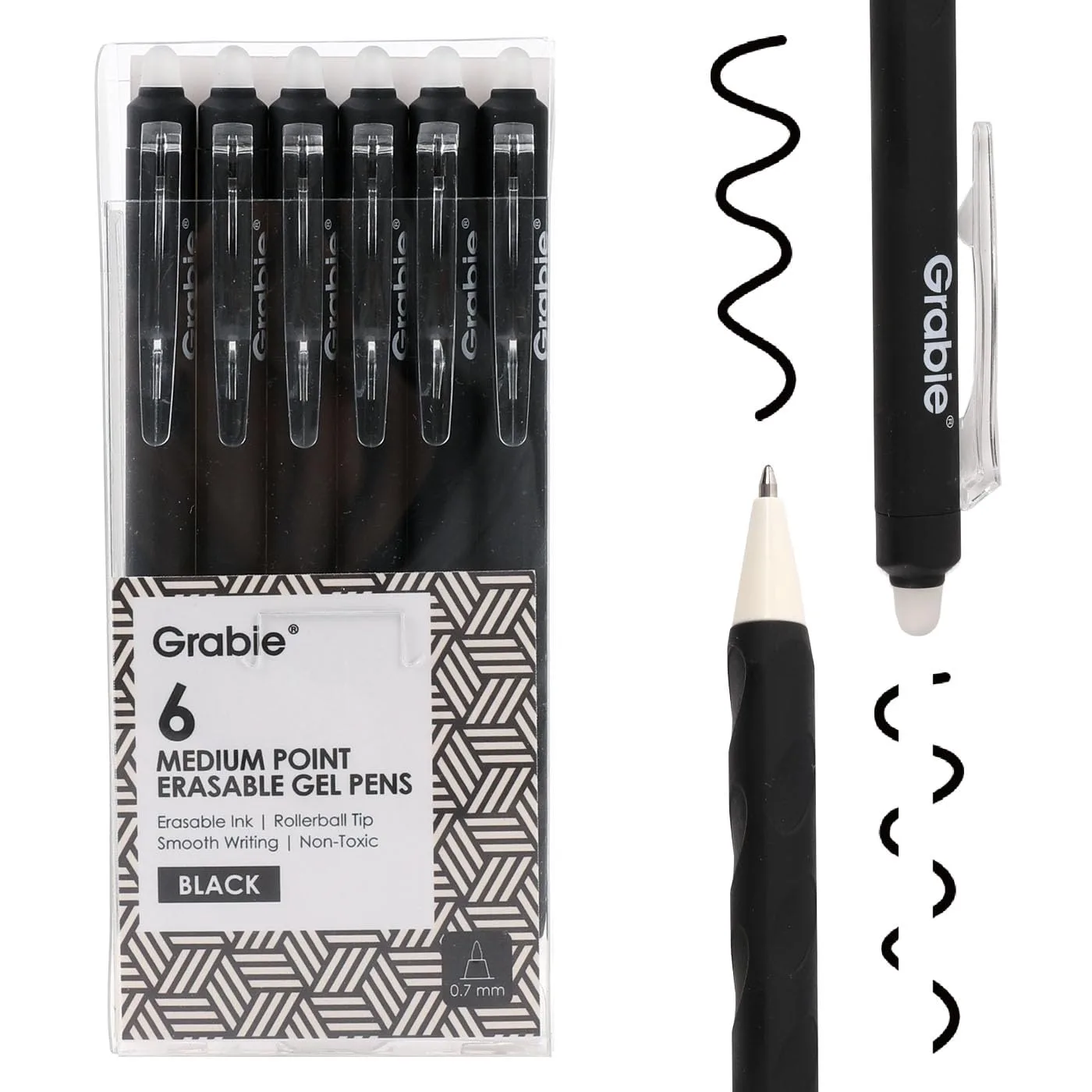 Grabie Erasable Gel Pens Black 6-Pack | Smooth Writing, Clean Erasing - main product image