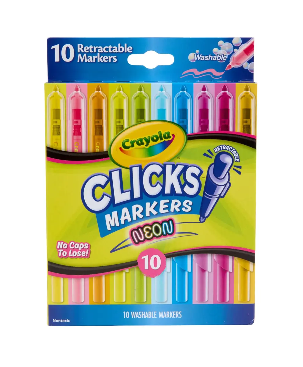 Crayola Clicks Retractable Tip Neon Washable Markers (10 Count, 0.3mm Tip) | Non-Toxic, Easy Clean-Up - main product image