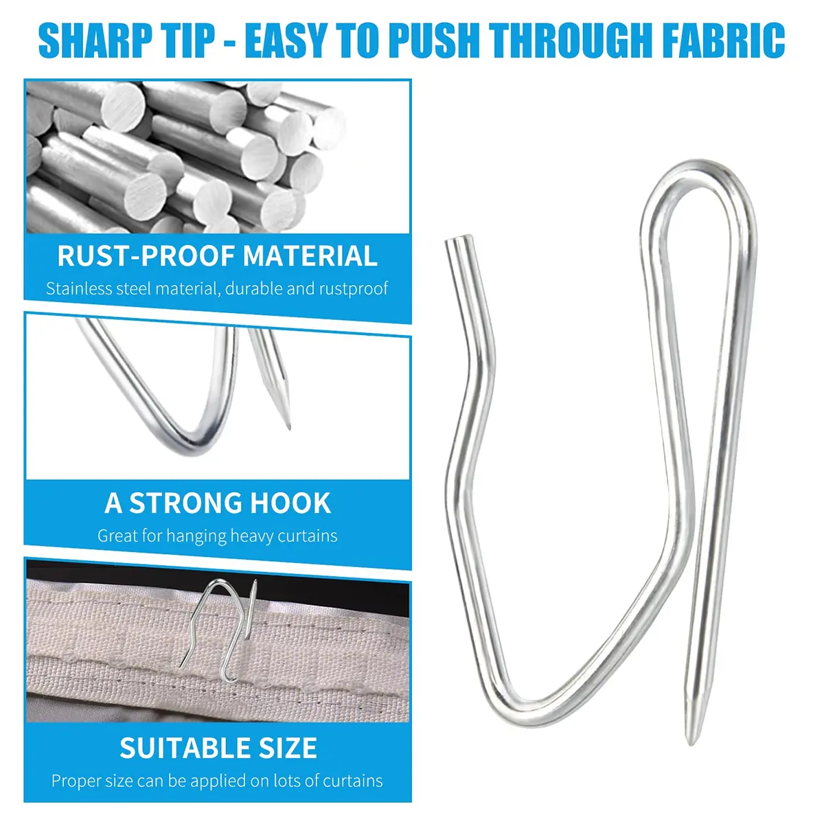 Sopito 1.2 Inches Curtain Hooks | Durable Stainless Steel, Rustproof, Pack of 58 - view 4