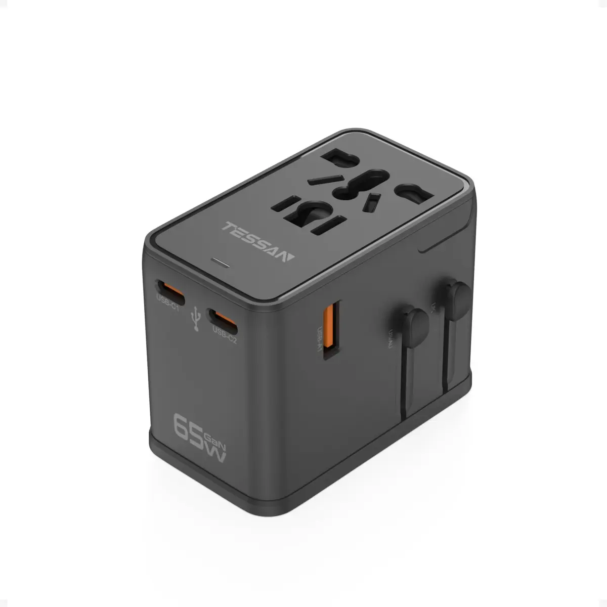 TESSAN Universal Travel Adapter 65W International Power Adapter with 4 USB Ports (2 USB-C, 2 USB-A) for 150+ Countries | Orange Black - main product image