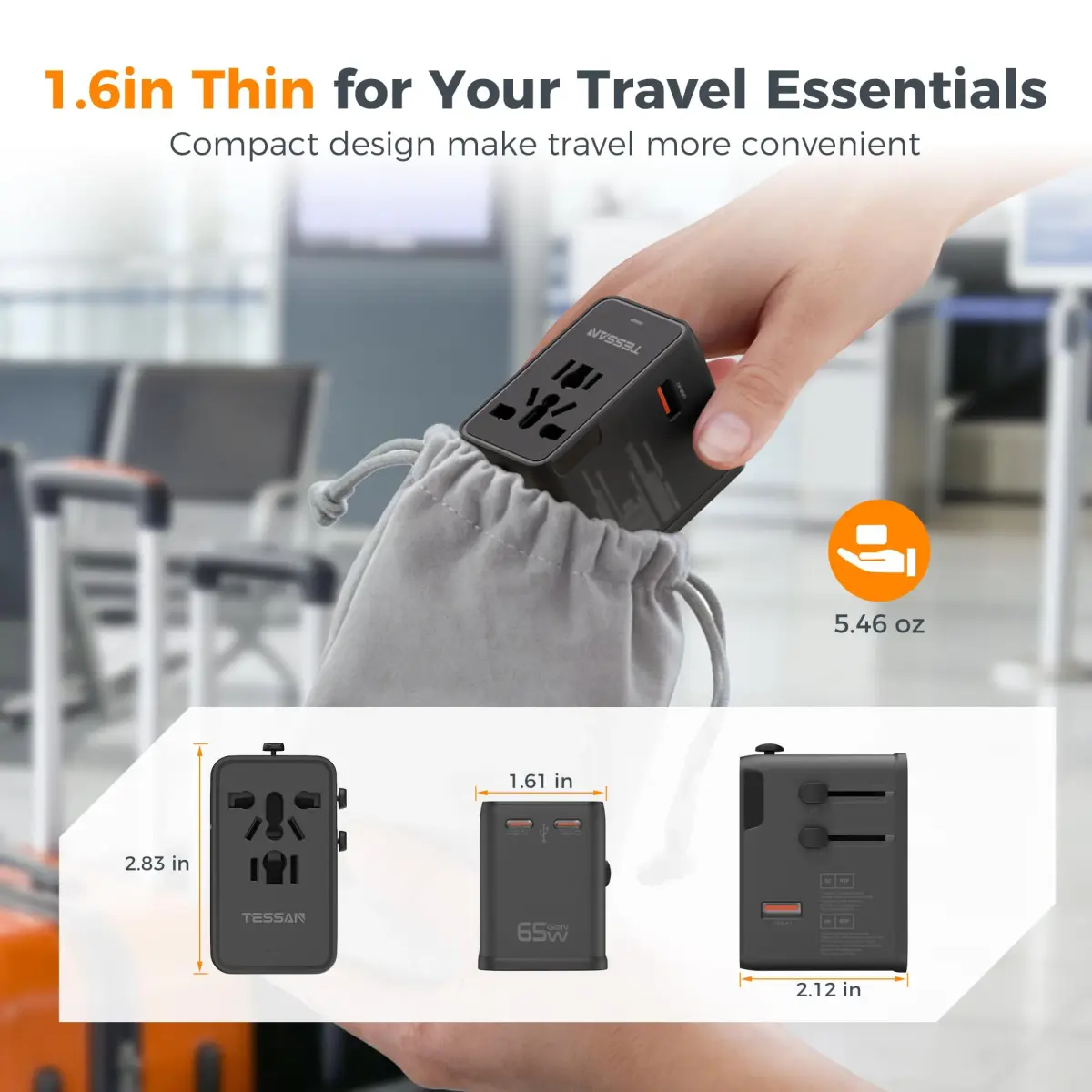 TESSAN Universal Travel Adapter 65W International Power Adapter with 4 USB Ports (2 USB-C, 2 USB-A) for 150+ Countries | Orange Black - view 7