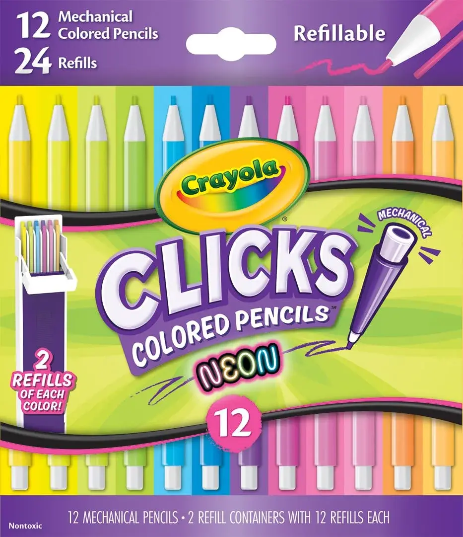Crayola Clicks Mechanical Colored Pencil Set 12 Neon Colors 2.0mm | Smooth Lines for Kids Ages 5+ - main product image