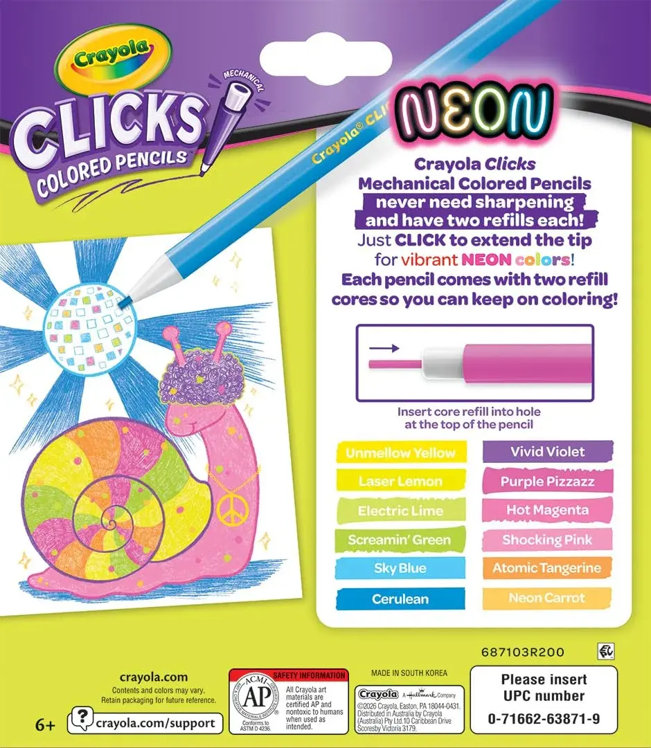 Crayola Clicks Mechanical Colored Pencil Set 12 Neon Colors 2.0mm | Smooth Lines for Kids Ages 5+ - view 7