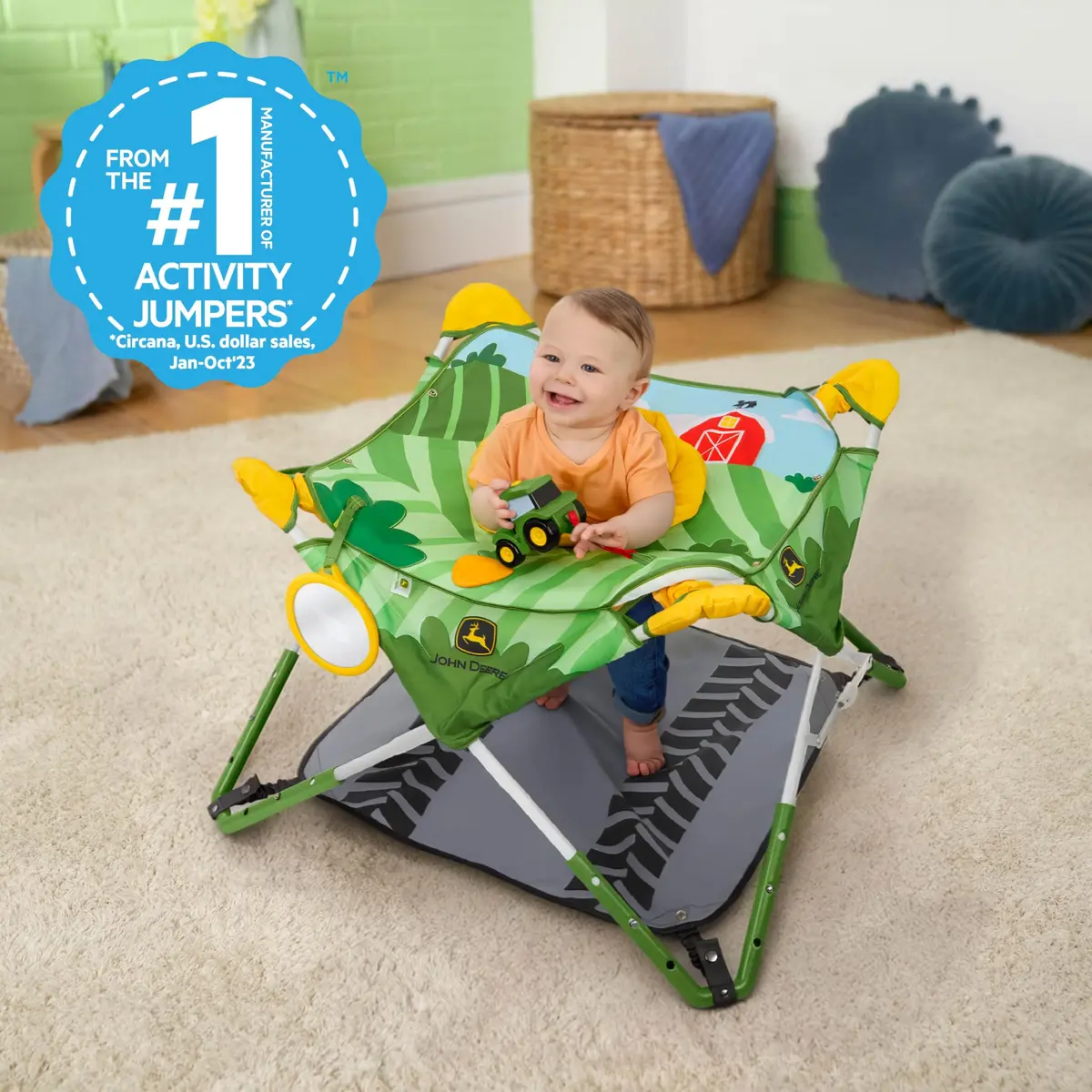 Bright Starts John Deere Pop 'N Jump Portable Baby Jumper | Foldable Indoor/Outdoor Baby Jumper with Sensory Activities, Ages 6–12 Months - view 2