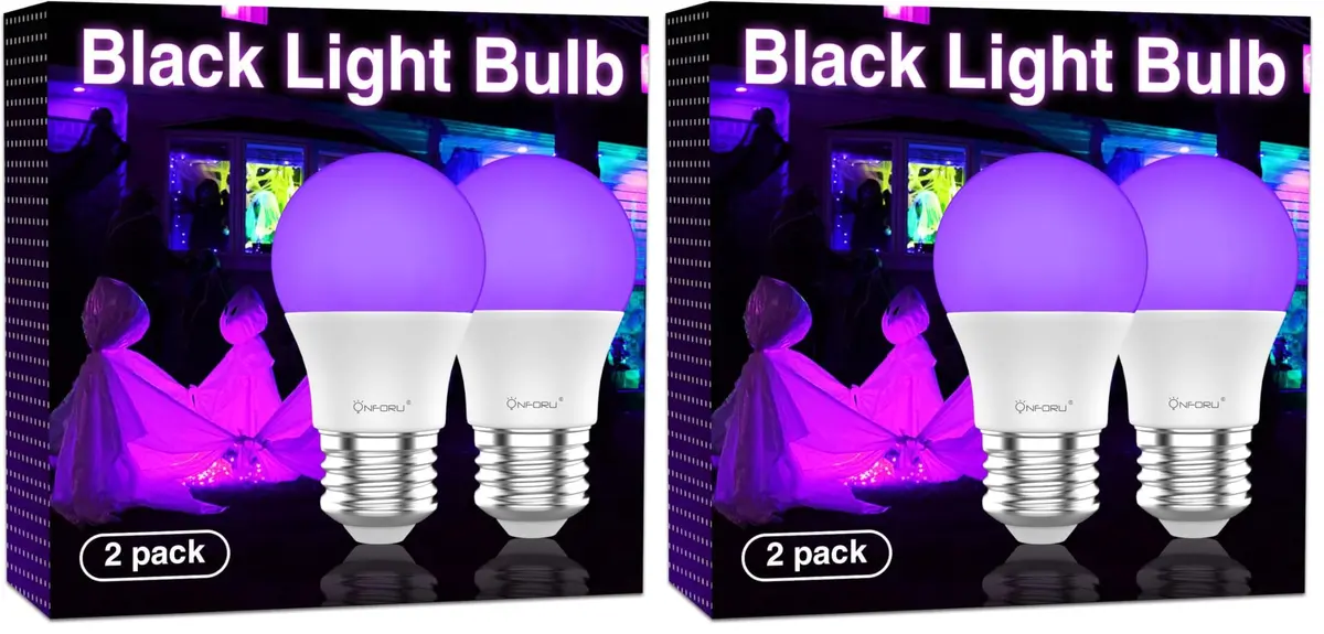 Onforu 15W LED Black Light Bulbs, E26 120W Equivalent, 385-400nm UV-A, Pack of 2 | Glow Party & Halloween Lighting - main product image