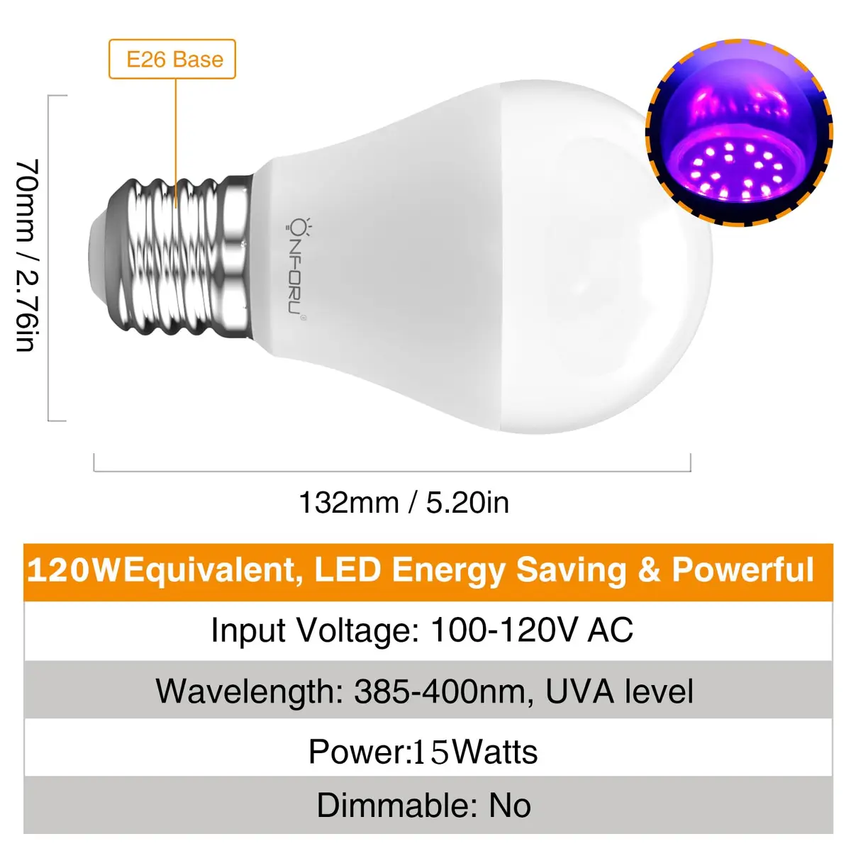 Onforu 15W LED Black Light Bulbs, E26 120W Equivalent, 385-400nm UV-A, Pack of 2 | Glow Party & Halloween Lighting - view 5