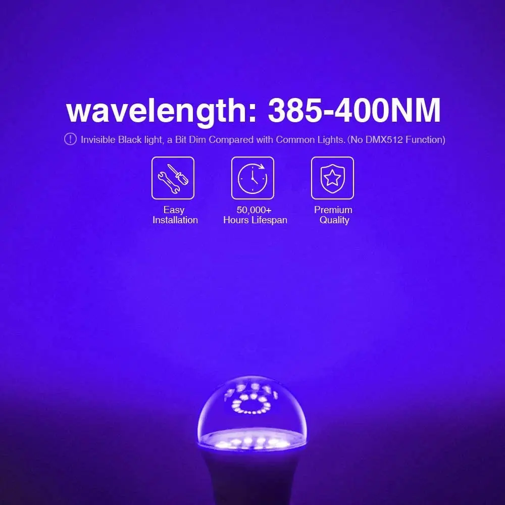 Onforu 15W LED Black Light Bulbs, E26 120W Equivalent, 385-400nm UV-A, Pack of 2 | Glow Party & Halloween Lighting - view 2