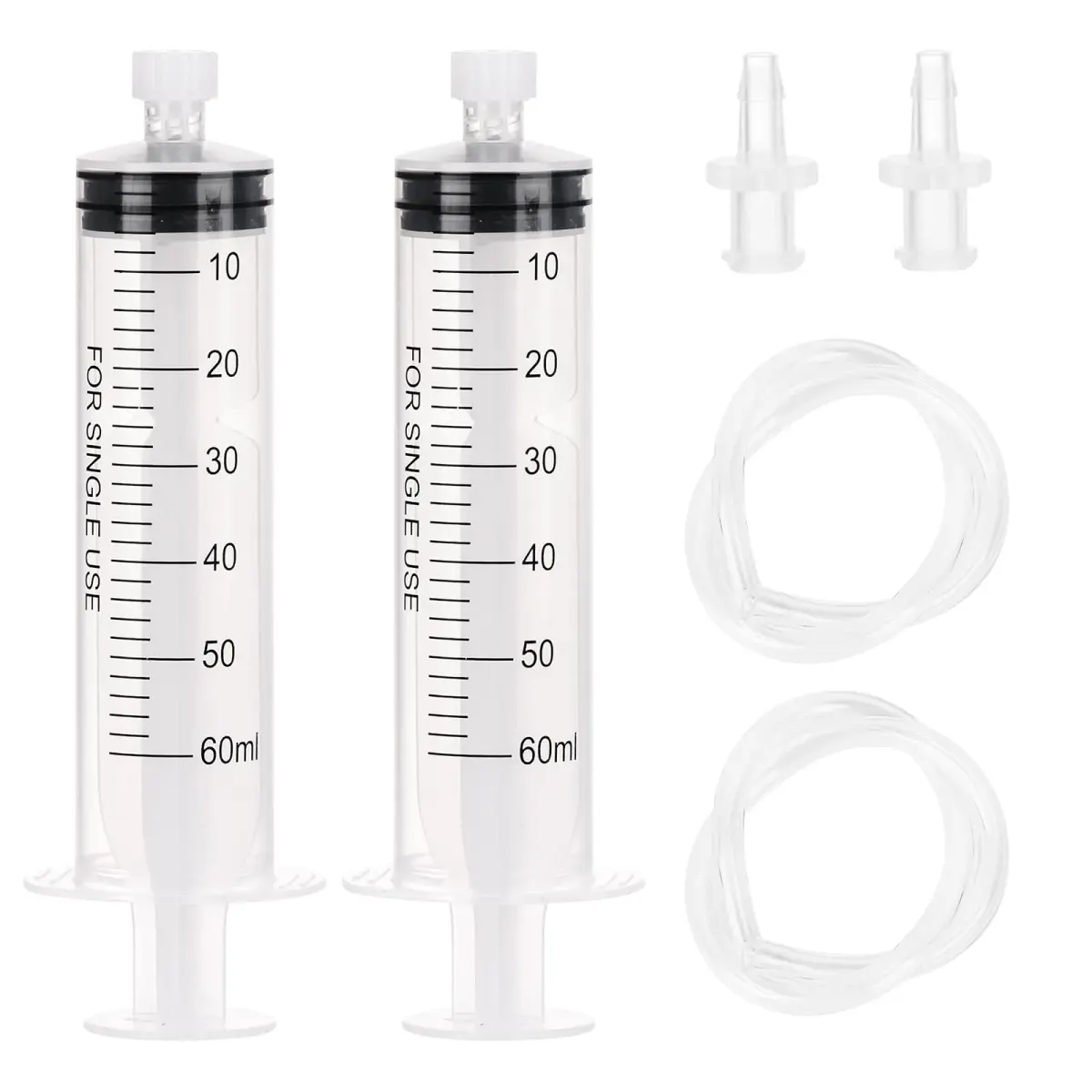 DEPEPE 60ml Plastic Syringe with 13in Tubing & Luer Connections (2-Pack, Transparent) | Sterile Lab Sample Injection - main product image
