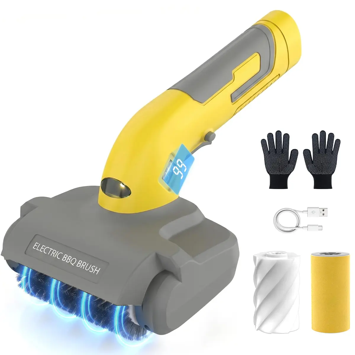 AURYAO Electric Grill Brush with LED Light | 3-in-1 Replaceable Heads, Cordless, 1200 RPM, Type-C Rechargeable, Outdoor BBQ - main product image