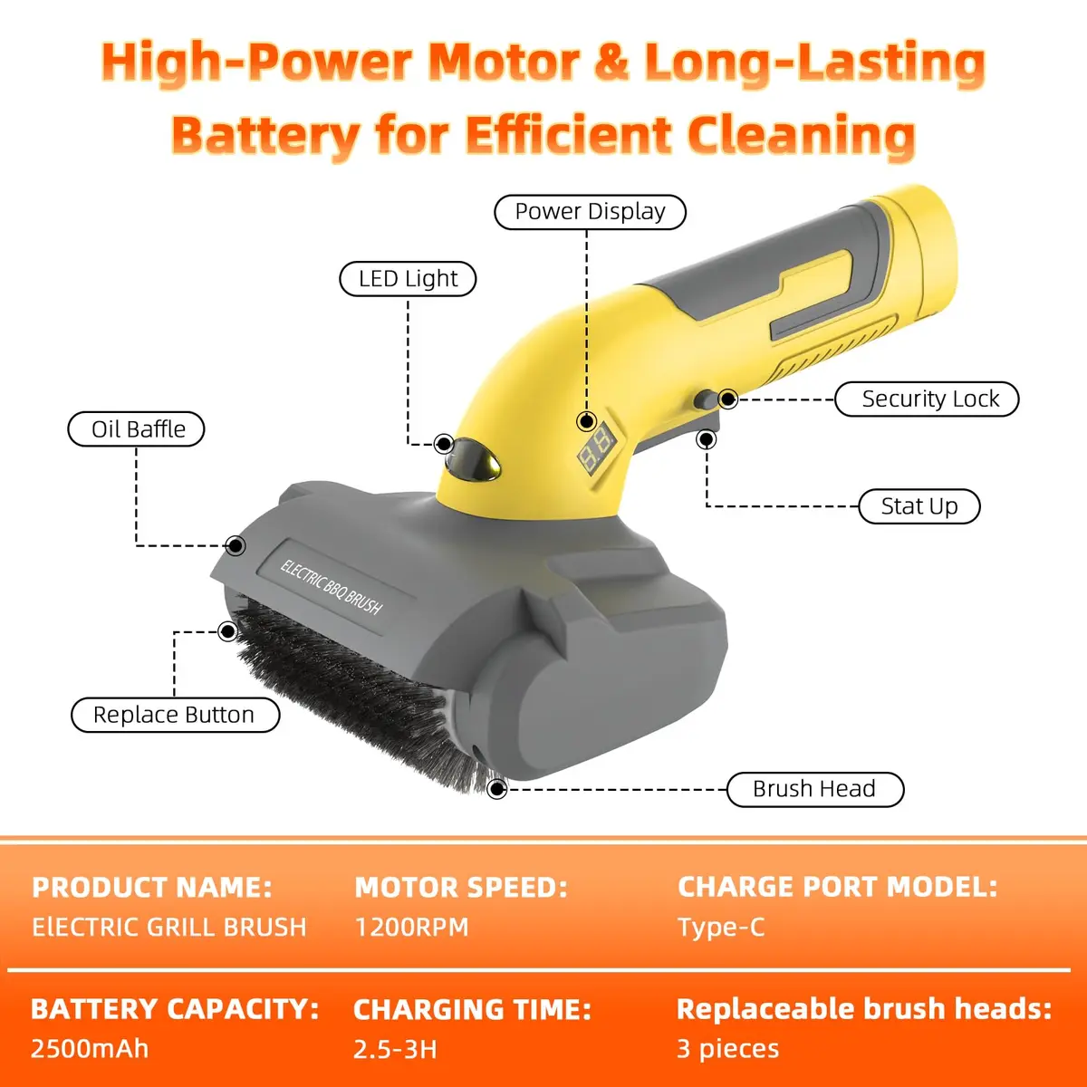 AURYAO Electric Grill Brush with LED Light | 3-in-1 Replaceable Heads, Cordless, 1200 RPM, Type-C Rechargeable, Outdoor BBQ - view 8