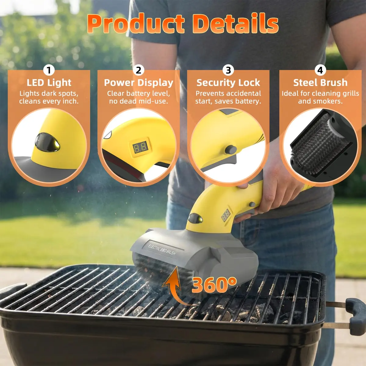 AURYAO Electric Grill Brush with LED Light | 3-in-1 Replaceable Heads, Cordless, 1200 RPM, Type-C Rechargeable, Outdoor BBQ - view 3