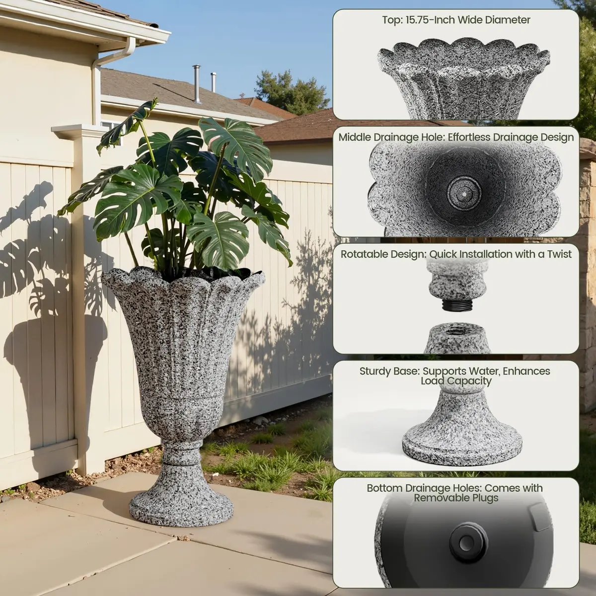 Diyfire Heavy-Duty 23.6" Tall Urns Planters for Outdoor Plants | Large Water Storage Garden Vase - view 3