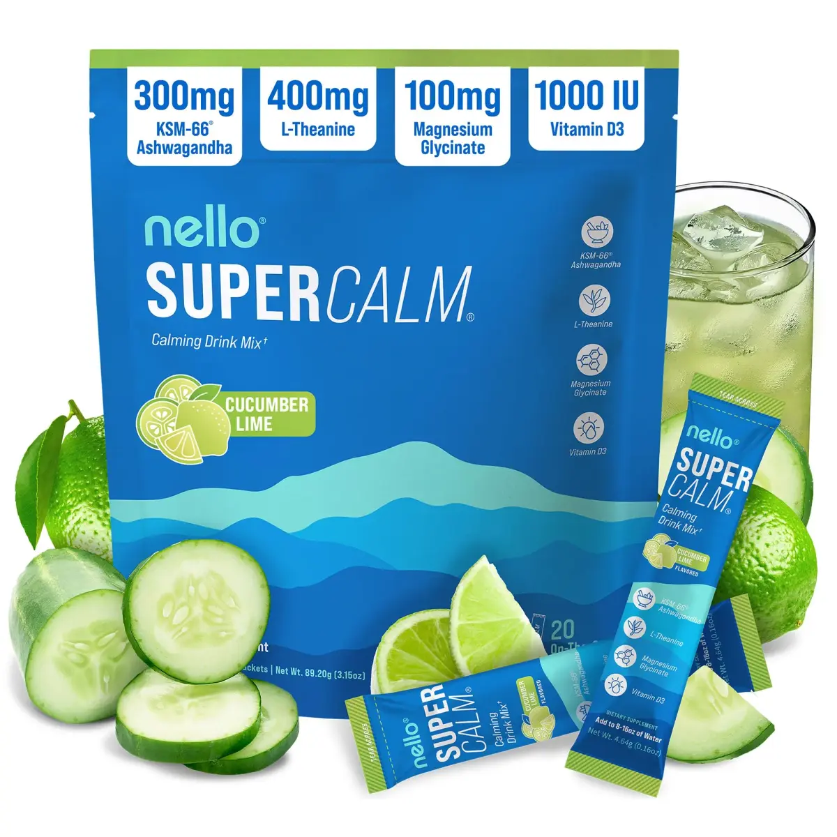 Nello Supercalm Powdered Drink Mix Cucumber Lime 20 Servings (Pack of 1) | Cortisol Reducer & Sleep Aid Supplement - main product image