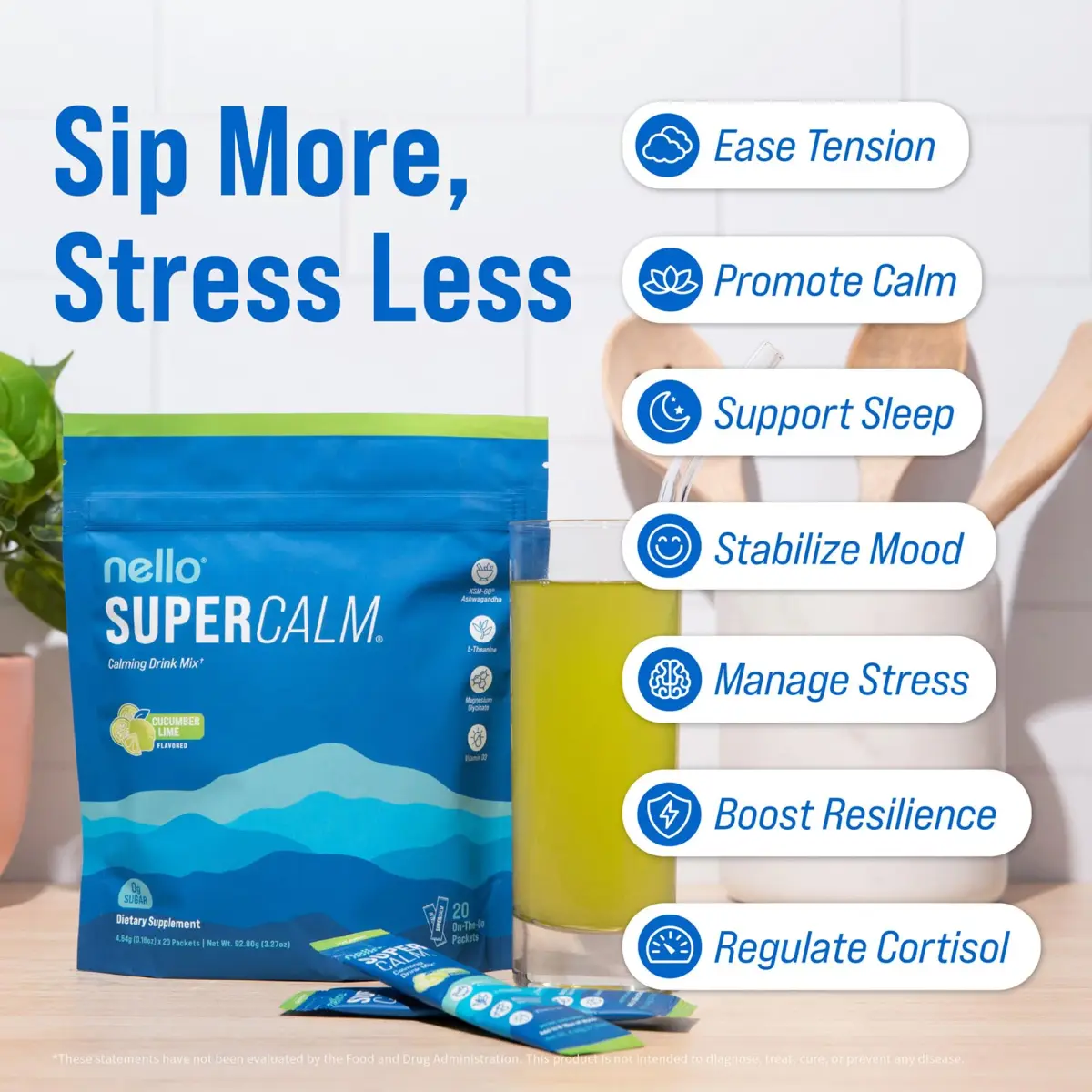 Nello Supercalm Powdered Drink Mix Cucumber Lime 20 Servings (Pack of 1) | Cortisol Reducer & Sleep Aid Supplement - view 3