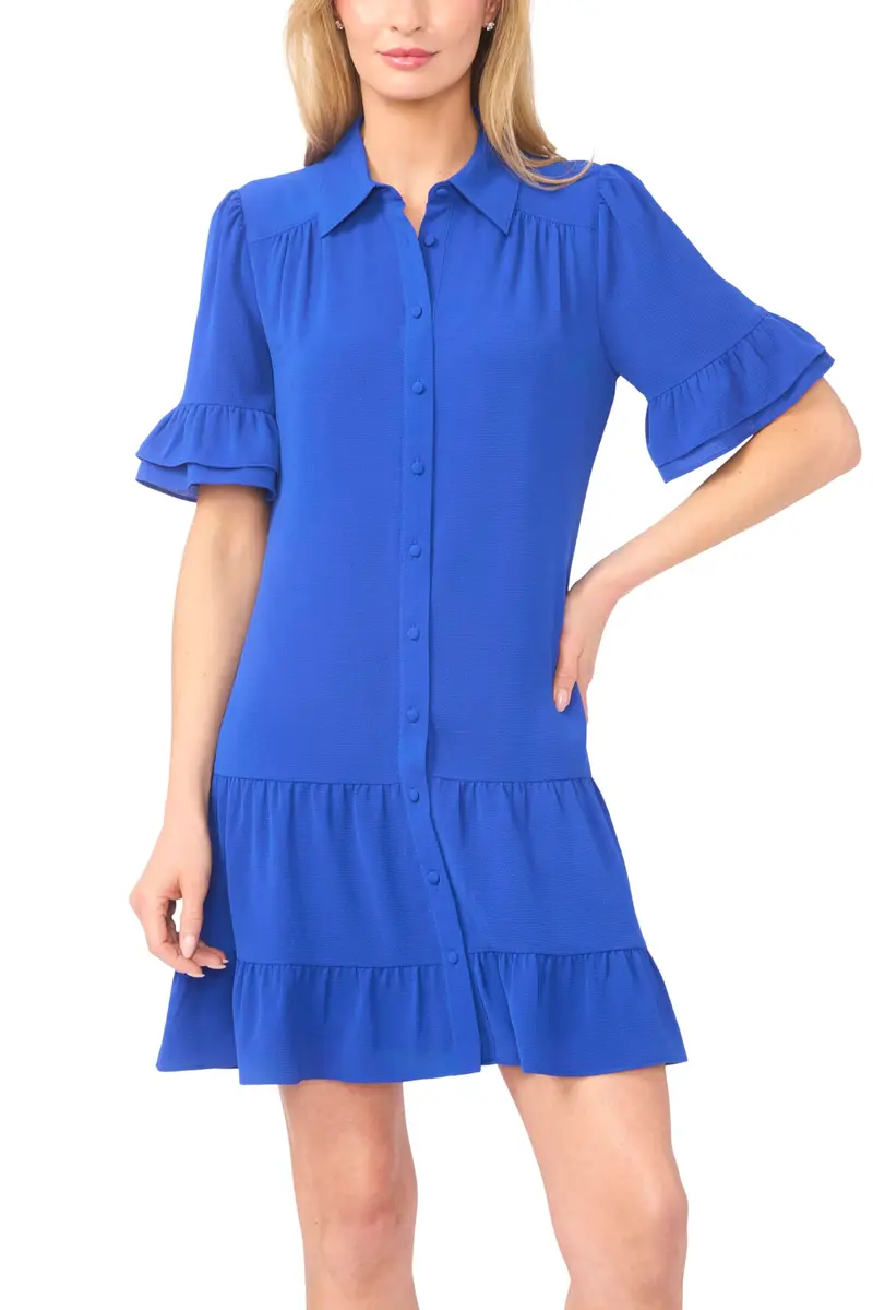 CeCe Double Ruffle Elbow Sleeve Tiered Mini Shirt Dress | Romantic Tiered Style in Royal Blue - view 2