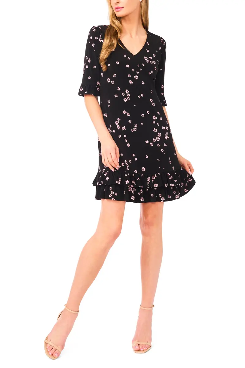 CeCe V-Neck Knit Ruffled Hem Mini Dress Rich Black | Comfortable & Polished for Day or Night - main product image
