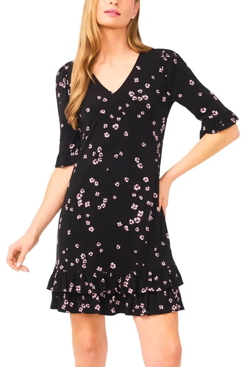 CeCe V-Neck Knit Ruffled Hem Mini Dress Rich Black | Comfortable & Polished for Day or Night - view 2