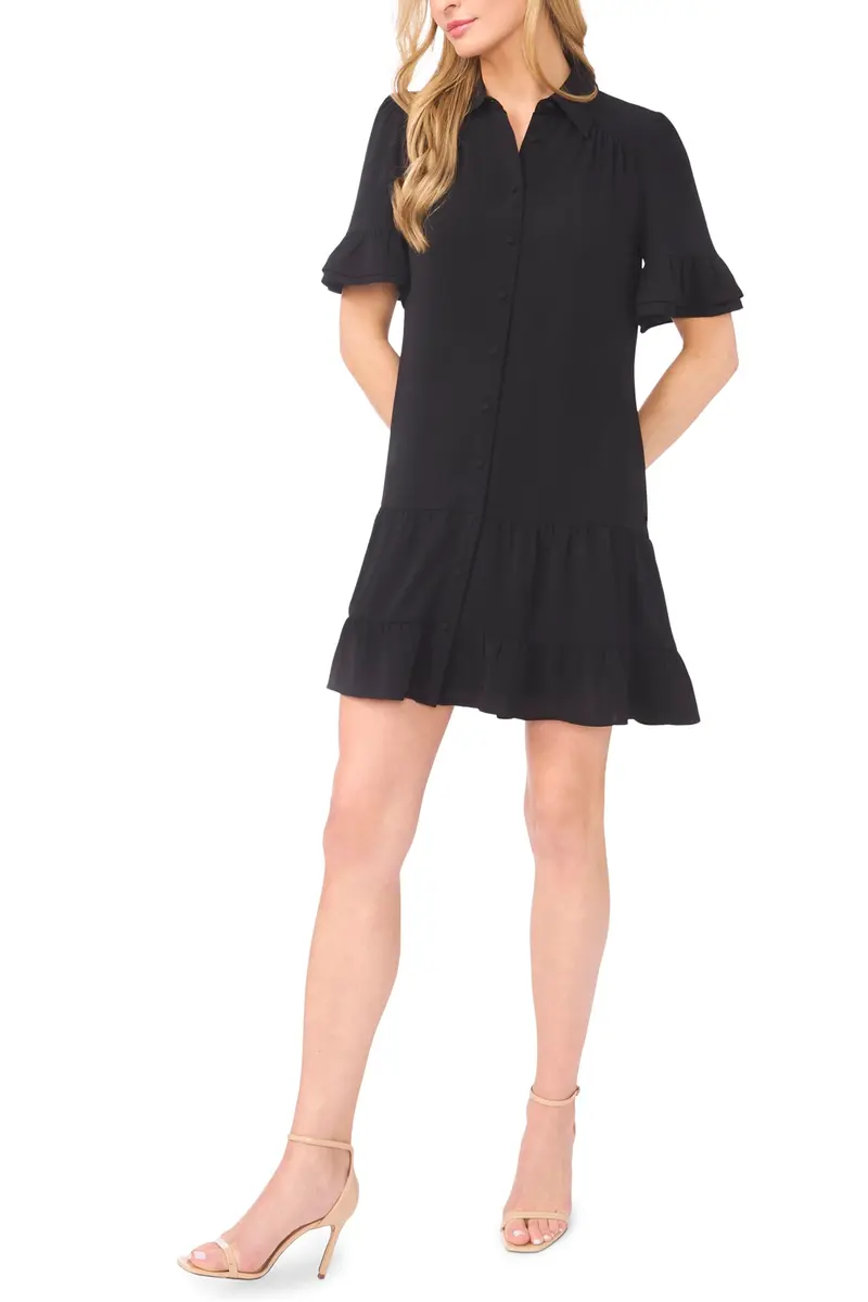 CeCe Double Ruffle Elbow Sleeve Tiered Mini Shirt Dress Rich Black | Romantic, Soft Texture, Versatile Fit - main product image