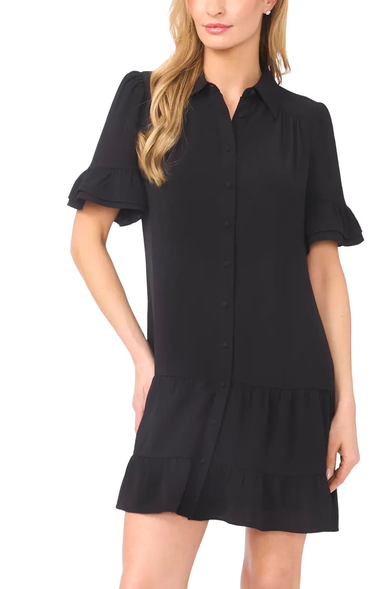 CeCe Double Ruffle Elbow Sleeve Tiered Mini Shirt Dress Rich Black | Romantic, Soft Texture, Versatile Fit - view 2