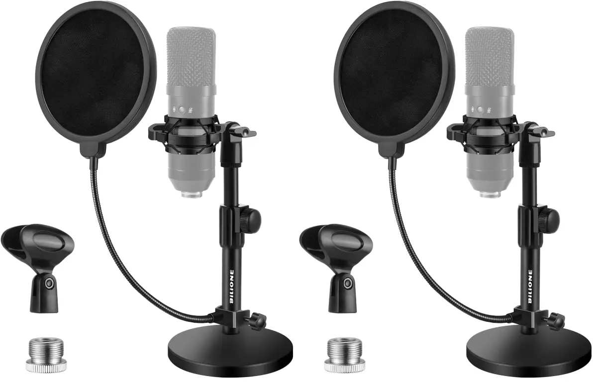 BILIONE Multifunctional Desktop Microphone Stand 2-Pack | Professional Recording Studio Equipment with Pop Filter & Shock Mount - main product image
