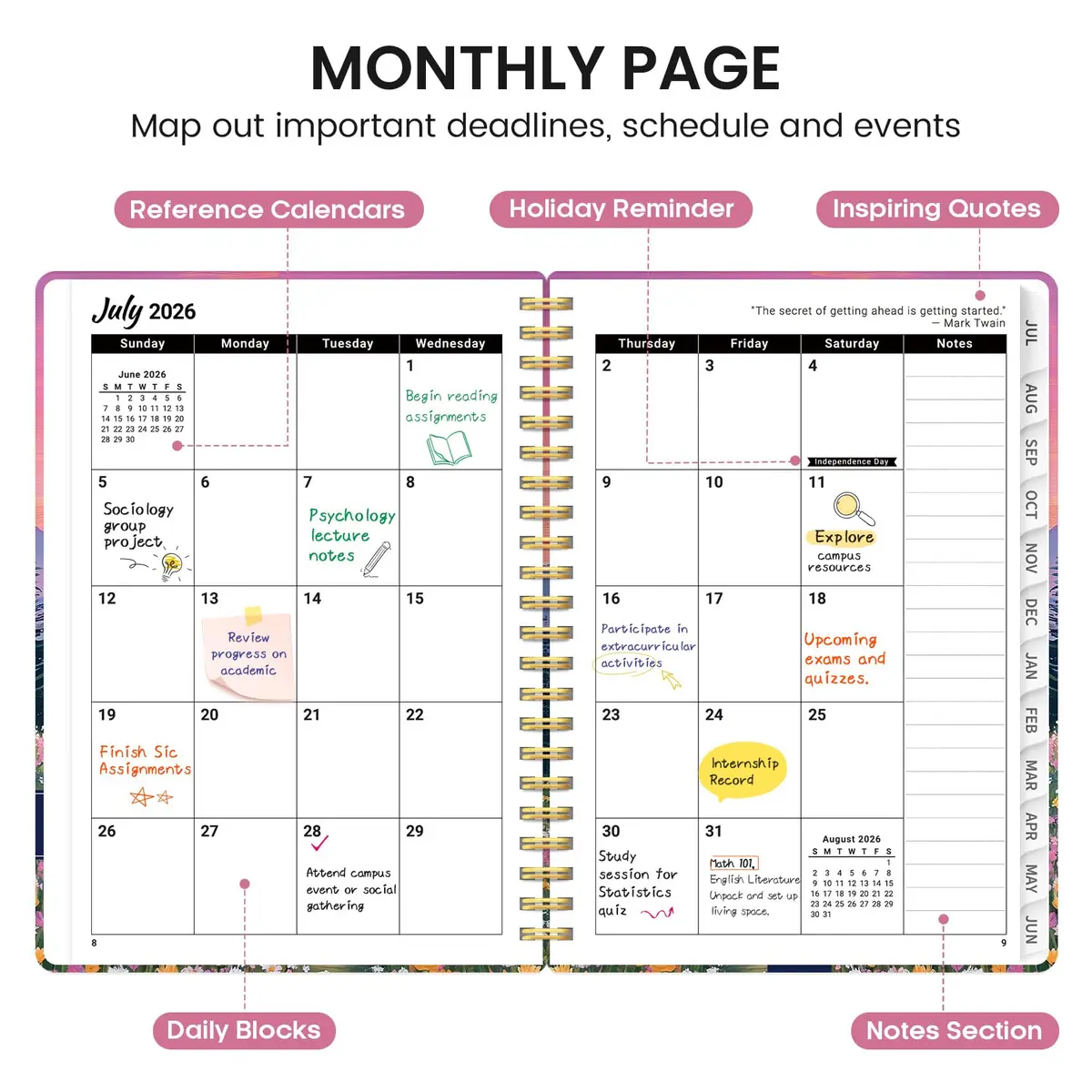 Taja Academic Planner 2026-2027, Jul 2026-Jun 2027 Monthly & Weekly Planner, 16.2cm x 21.8cm (6.3" x 8.5") | 12-Month Organizer for Students & Professionals - view 2