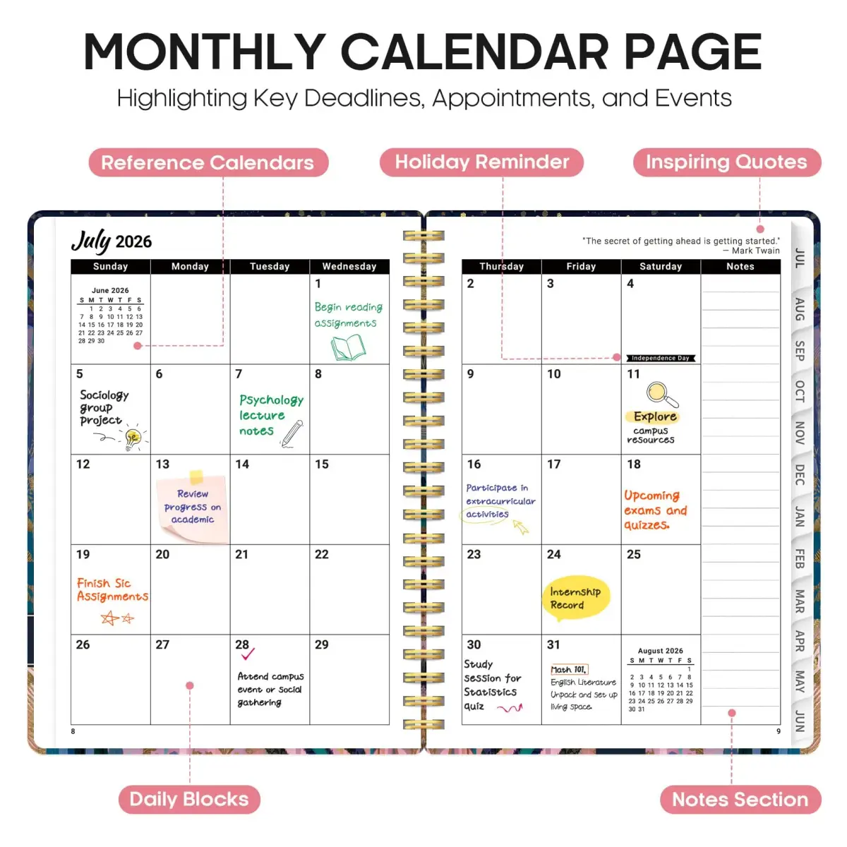 Taja Academic Planner 2026-2027, Jul 2026-Jun 2027 Monthly & Weekly Planner Calendar, 6.3"x8.5" (A5) | Structured Planning for Students & Professionals - view 2