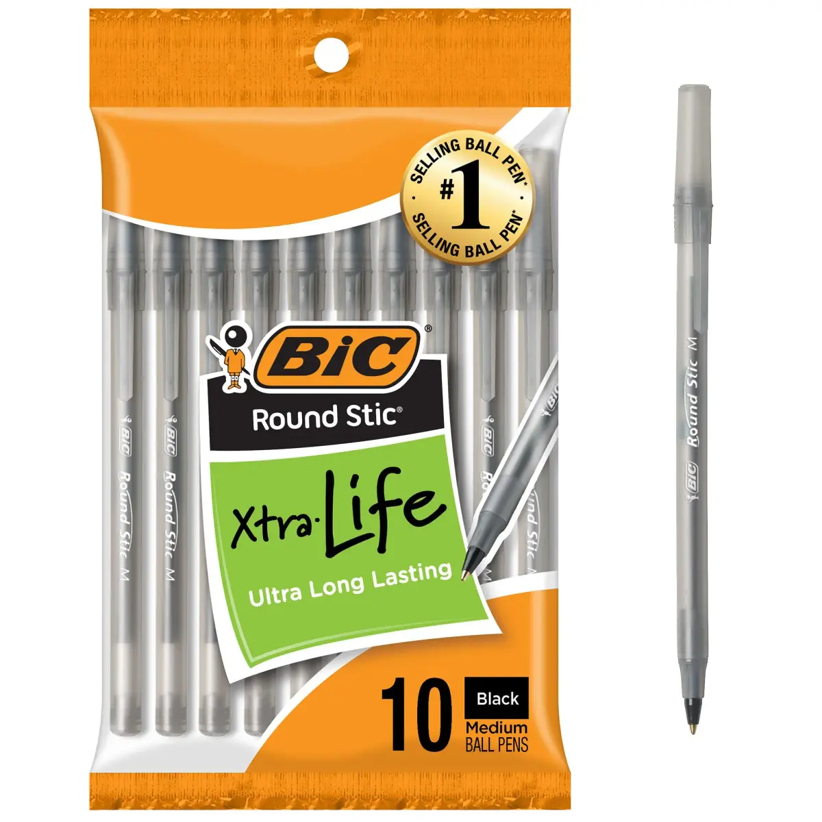 BIC Round Stic Xtra Life Black Ballpoint Pens | Smooth Ink Flow - main product image