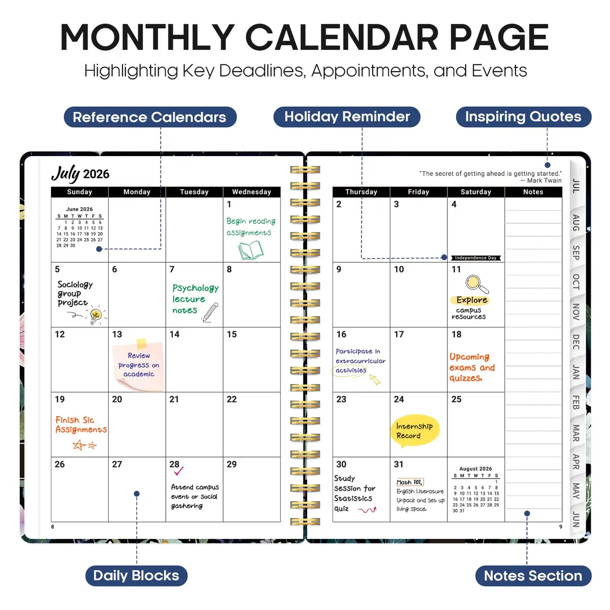 Taja Planner 2026-2027, Jul 2026-Jun 2027 Monthly & Weekly Calendar Planner 28.7 cm (11 inches) | Academic Planning with Tabs & Motivational Quotes - view 2