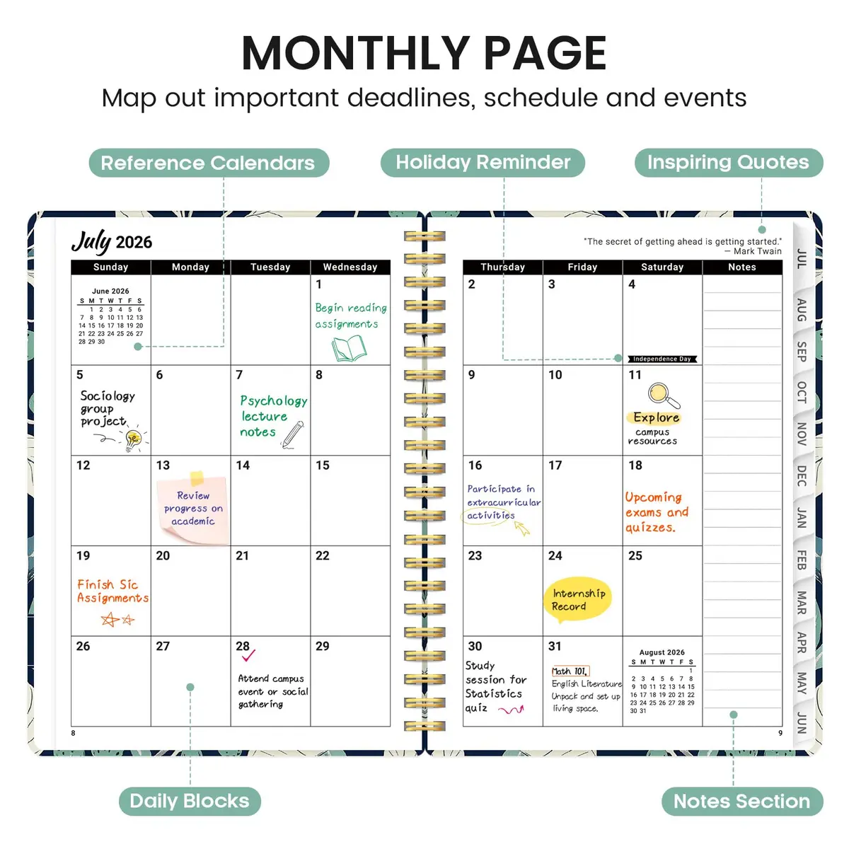Taja Academic Planner 2026-2027, 6.3" x 8.5" (16.0 x 21.6 cm) | Monthly & Weekly Organizer for Students & Professionals - view 2