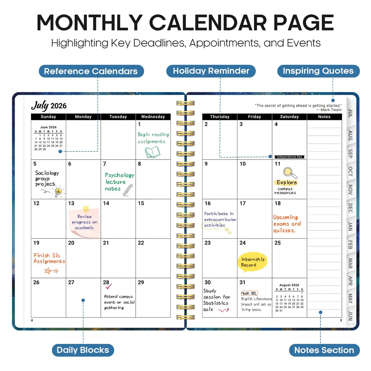 Taja Academic Planner 2026-2027, Jul 2026-Jun 2027 Monthly & Weekly Planner 16 cm (6.3") x 21.5 cm (8.5") | A5 Size, Hardcover, Spiral Bound - view 2