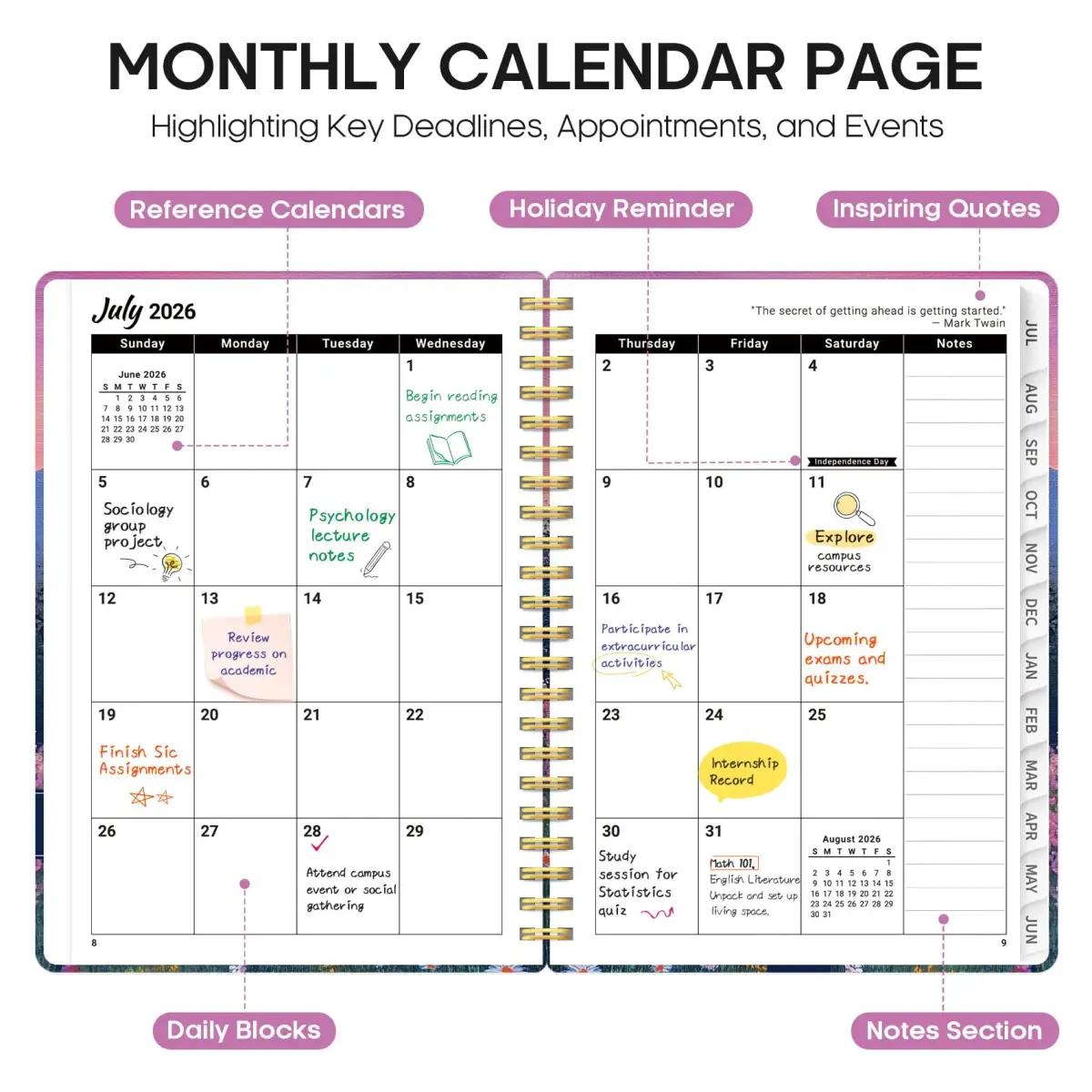 Taja 2026-2027 Academic Planner Monthly Weekly Spiral Hardcover 146 Pages | Organized Planning for Students and Professionals - view 2
