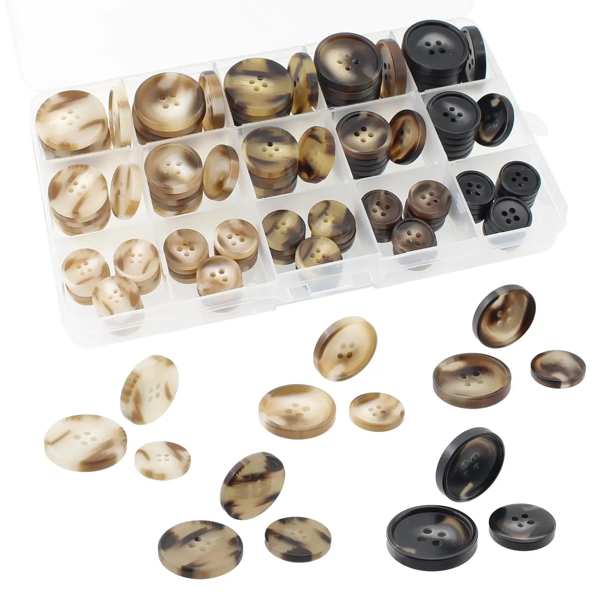Renashed Faux Buffalo Horn Suit Coat Buttons 15mm, 20mm, 25mm (120-Piece Set) | Resin Buttons for Coats, Jackets, and Crafts - main product image