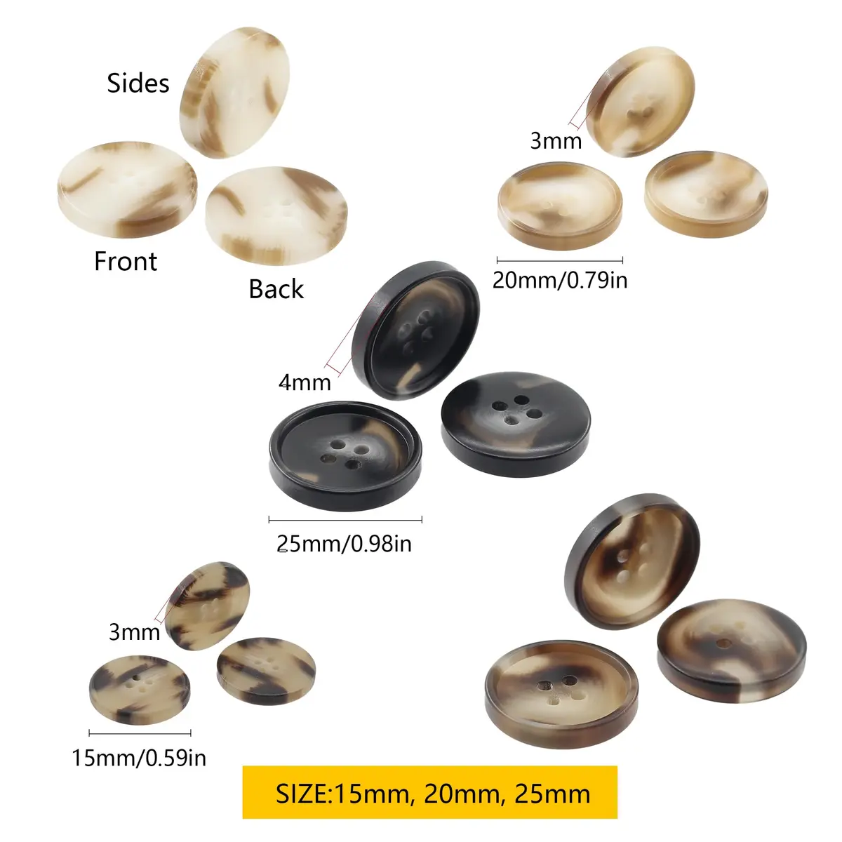 Renashed Faux Buffalo Horn Suit Coat Buttons 15mm, 20mm, 25mm (120-Piece Set) | Resin Buttons for Coats, Jackets, and Crafts - view 2