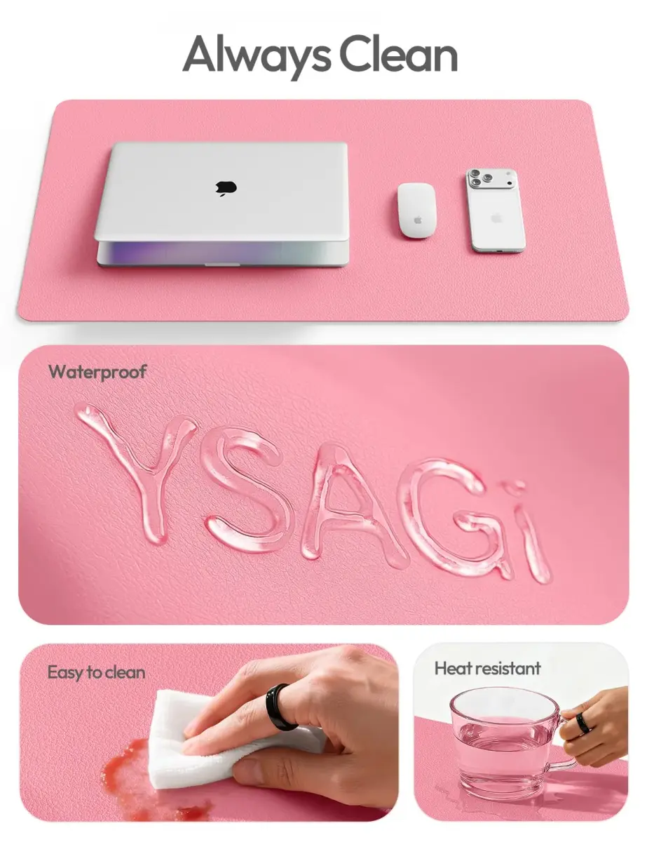 YSAGi Pink Leather Desk Pad Protector 140cm x 61cm (55" x 24") | Protects Desks, Doubles as Large Mouse Pad - view 9