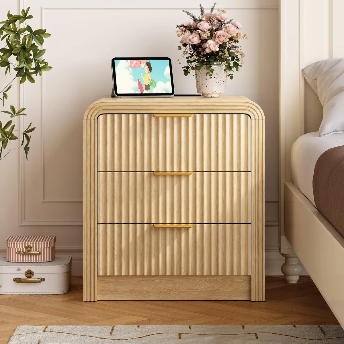 Decofy Fluted 3-Drawer Nightstand with Charging Station, Natural Oak | Modern Bedroom Side Table with USB Ports - view 6